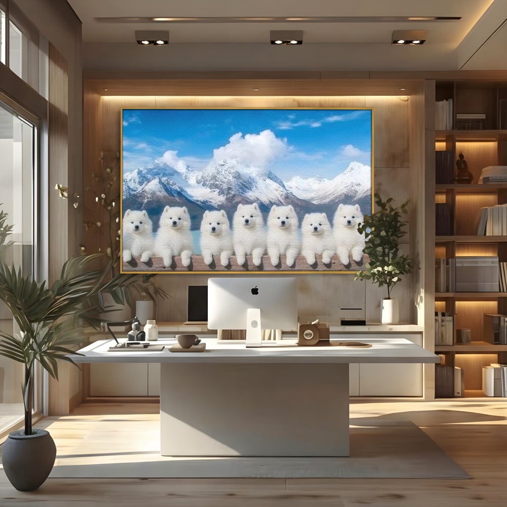Tablou canvas cu tablou canvas cu sapte catei pe munti, in rama de aluminiu auriu, pe perete intr-un birou